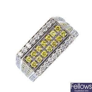 A 9ct gold diamond and colour treated diamond panel ring.