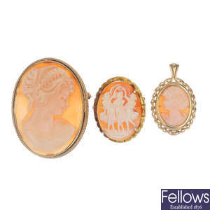A selection of 9ct gold cameo jewellery.