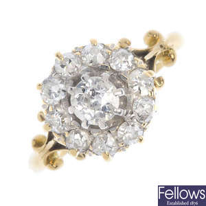 A mid 20th century 18ct gold diamond cluster ring. 