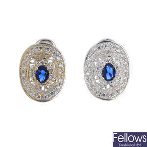A pair of synthetic sapphire and paste earrings.