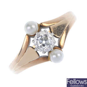 An early 20th century gold diamond and cultured pearl ring.