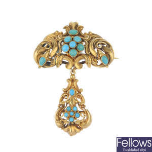 A late 19th century gold memorial turquoise brooch. 