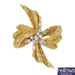 A 1970s 18ct gold diamond bow brooch.