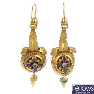A pair of mid 19th gold century gem-set ear pendants.
