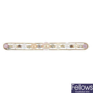 A cultured pearl and diamond bar brooch.