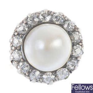 A mid 20th century gold cultured pearl and diamond cluster ring.