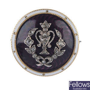 An Edwardian Baronial, gold, diamond and enamel mourning brooch.