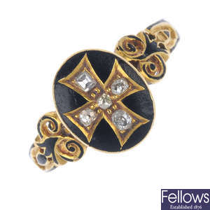 A mid Victorian 18ct gold diamond and enamel memorial ring.