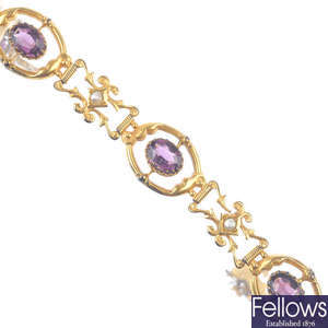 An early 20th century gold garnet-topped-doublet and split pearl bracelet.