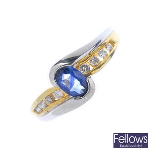 An 18ct gold sapphire diamond crossover ring.
