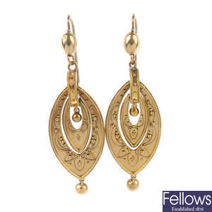 A pair of late 19th century gold cannetille ear pendants.