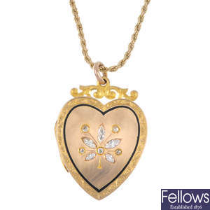 A diamond and enamel locket and chain.