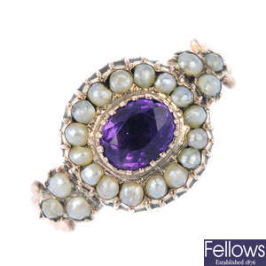 An amethyst and split pearl ring.