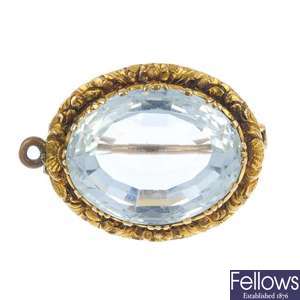 An American mid 19th century 18ct gold aquamarine brooch.