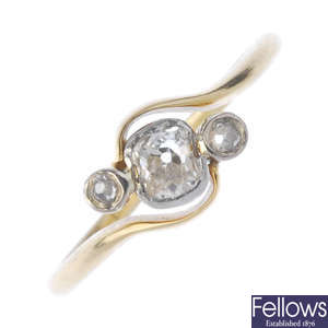 A mid 20th century 18ct gold diamond three-stone ring.