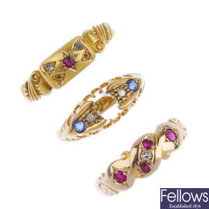 A selection of three late 19th to early 20th century gold diamond and gem-set rings.