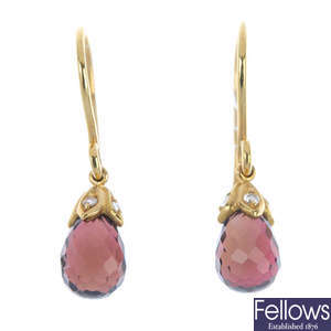 A pair of tourmaline and diamond ear pendants.