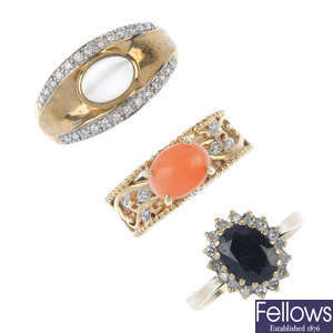 A selection of three 9ct gold gem-set dress rings. 