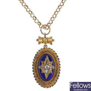 A late Victorian gold diamond and enamel pendant, with chain.