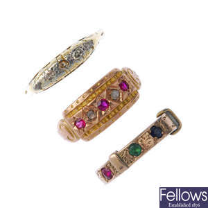 A selection of three early 20th century 9ct gold rings.