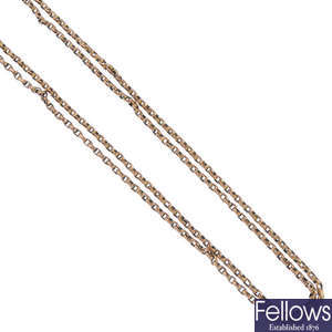 An early 20th century 9ct gold belcher-link longuard chain. 