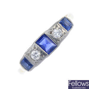 A mid 20th century 9ct gold sapphire and diamond five-stone ring.