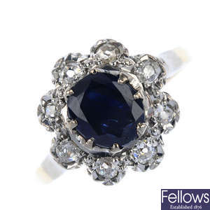 A mid 20th century 18ct gold sapphire and diamond cluster ring.