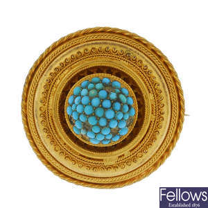  A late 19th century gold turquoise memorial brooch. 