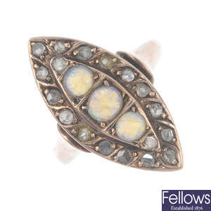 A late Victorian 9ct gold opal and diamond dress ring.