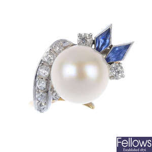A cultured pearl, diamond and synthetic sapphire dress ring.