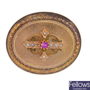 A late 19th century 15ct gold ruby and split pearl brooch.