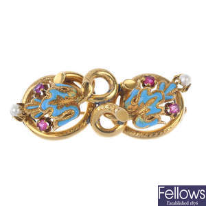 A late 19th century 18ct gold enamel and paste brooch.