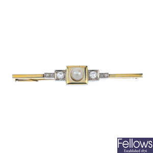 A mid 20th century cultured pearl and diamond bar brooch.