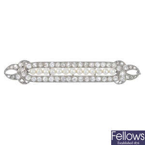 An early 20th century diamond and seed pearl brooch.
