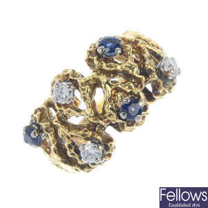 A 1970s 18ct gold diamond and sapphire dress ring.