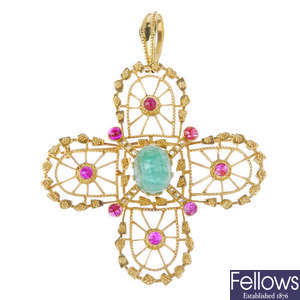 ILIAS LALAOUNIS - an emerald, ruby and diamond cross pendant.