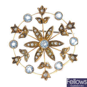 An early 20th century 9ct gold split pearl and aquamarine brooch.