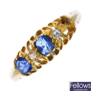 An early 20th century 18ct gold sapphire and diamond ring. 