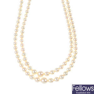 A cultured pearl two-row necklace.