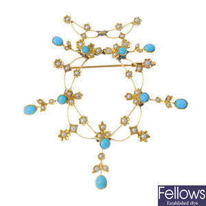 An adapted early 20th century 15ct gold turquoise and split pearl floral brooch.