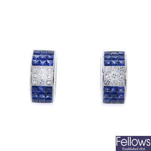 A pair of 18ct gold sapphire and diamond ear hoops.