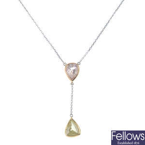 A morganite and chrysoberyl pendant and a pair of ear pendant components. 