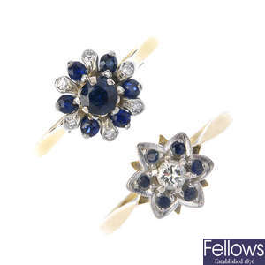 A selection of three 18ct gold sapphire and diamond rings.