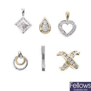 A selection of six diamond pendants. 