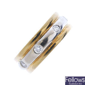 A 9ct gold bi-colour diamond band ring.