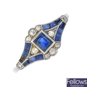 An early 20th century platinum, sapphire and diamond ring.