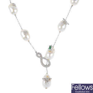 A diamond and baroque pearl necklace.