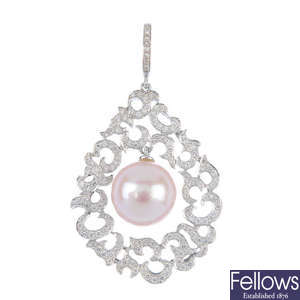 A diamond and cultured pearl pendant. 