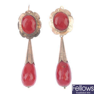 A pair of coral ear pendants. 