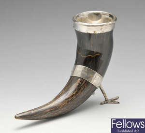  A part silver mounted and horn drinking cup.